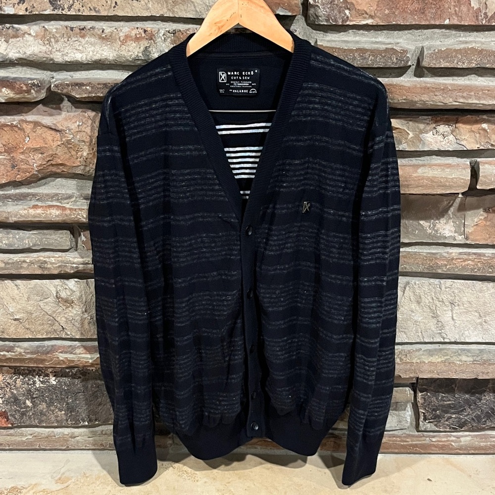 Marc Ecko Cut & Sew Charcoal and Black Striped Button Cardigan 100% Cotton
